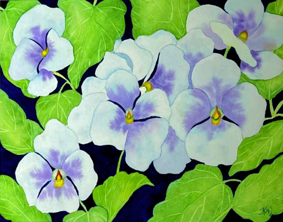 PAINTING WATERCOLOR 11X14 MAT 16X20 FLOWER PANSY BLUE PURPLE GREEN ORIGINAL ART