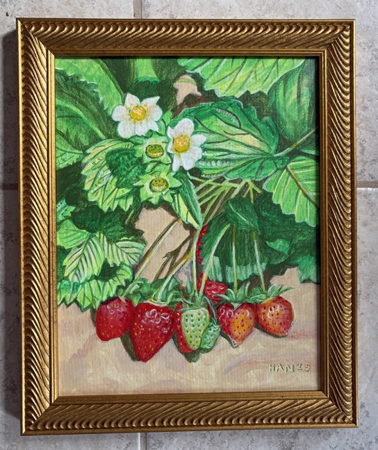 Strawberry, Fruit, Original Acrylic Painting, Framed, Art, 13.5 x 16.5 inches