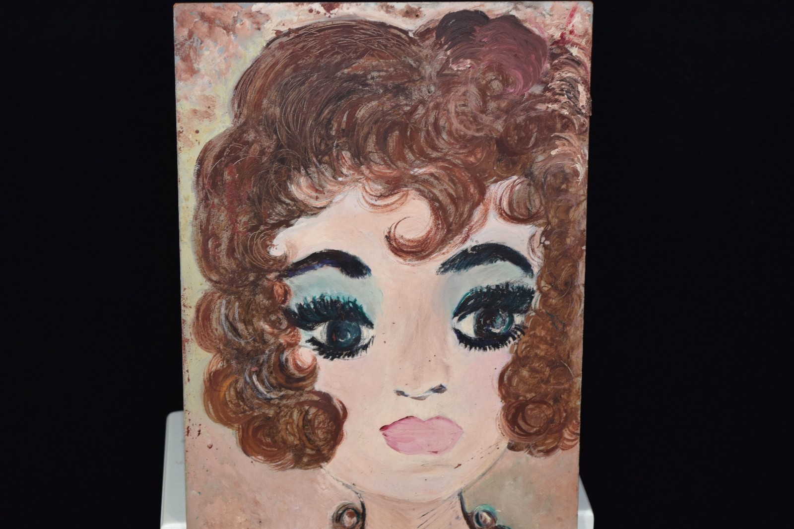 Vintage Painting Curly Short Hair Big Eyes 60’s 70’s Looking Lady Gal 16 x 8