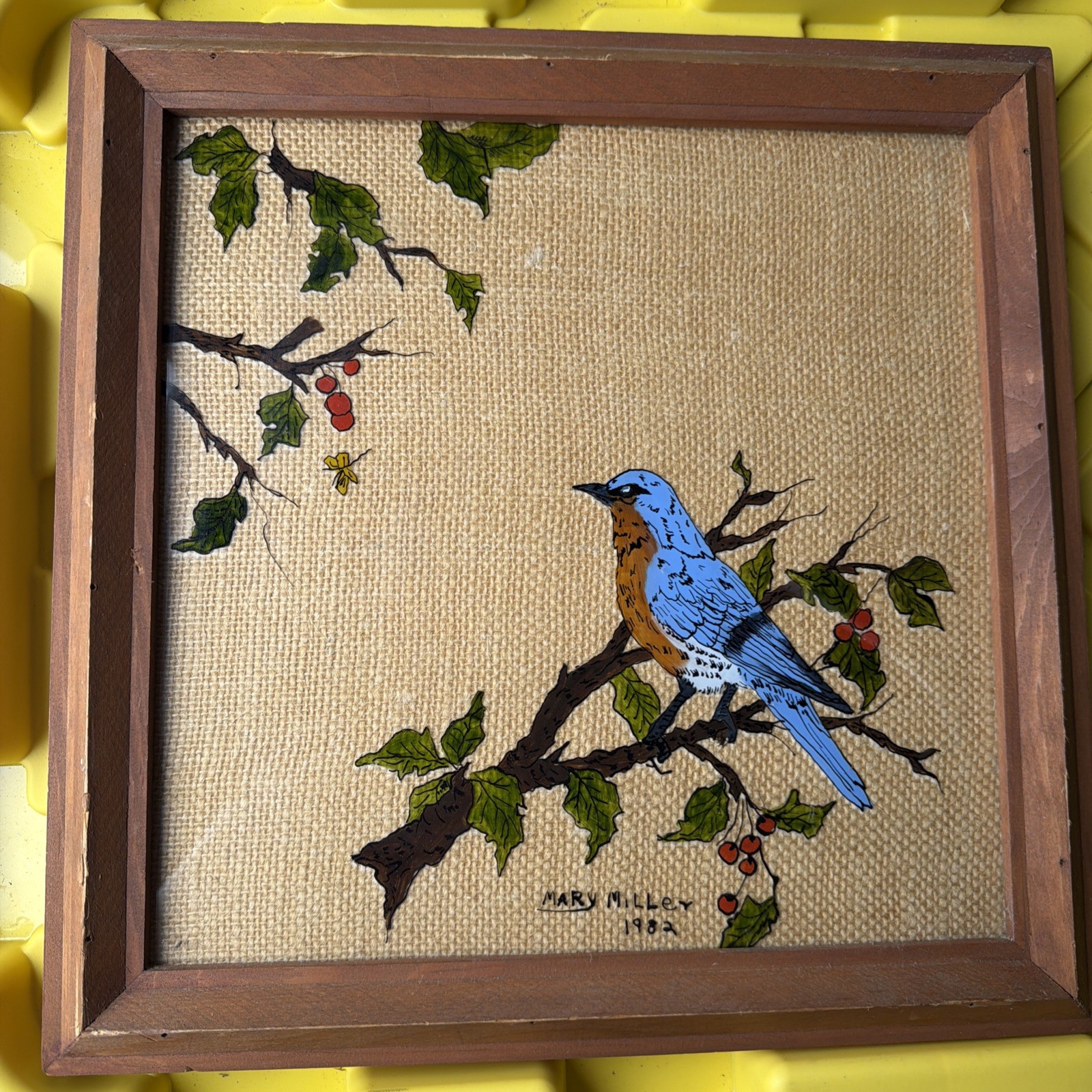 Vtg Julie Bledsoe Reverse Glass Bird Painting 16.5×20 Burlap Lined Wood Frame