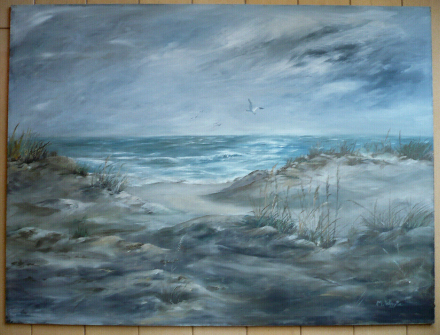 M. WHYTE, MOODY SEASCAPE SEA COAST OCEAN BIRD COAST VINTAGE OIL PAINTING SIGNED