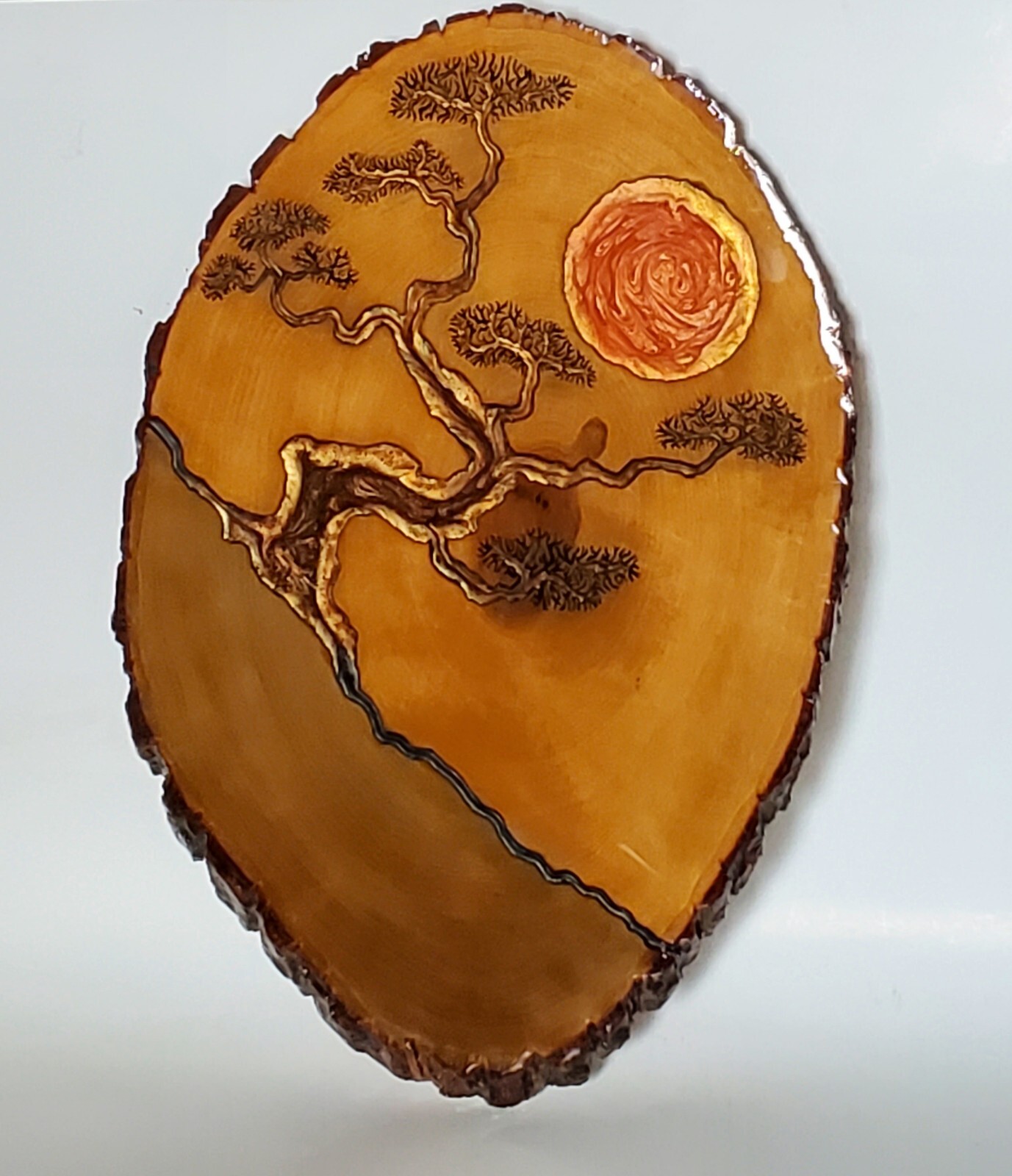 Hand Painted Wood Edge Slab Sun Tree Wood Burning Scenery 17″ X 12″ Shiny