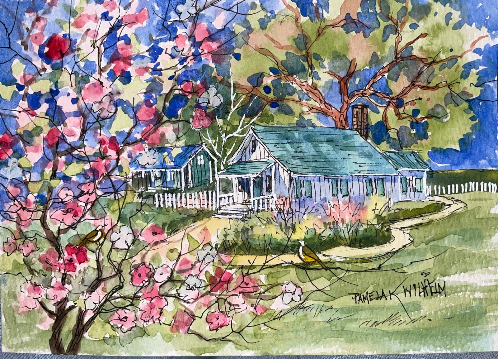 Pamela Wilhelm original 5”X7” Cherry Blossoms Green Cottage Blue Roofs Garden
