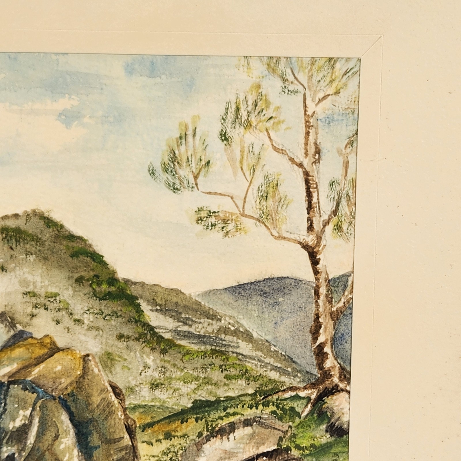 VTG Watercolor Art Landscape Rocky Riverbank Mountains Tree Nature Cottage 11″