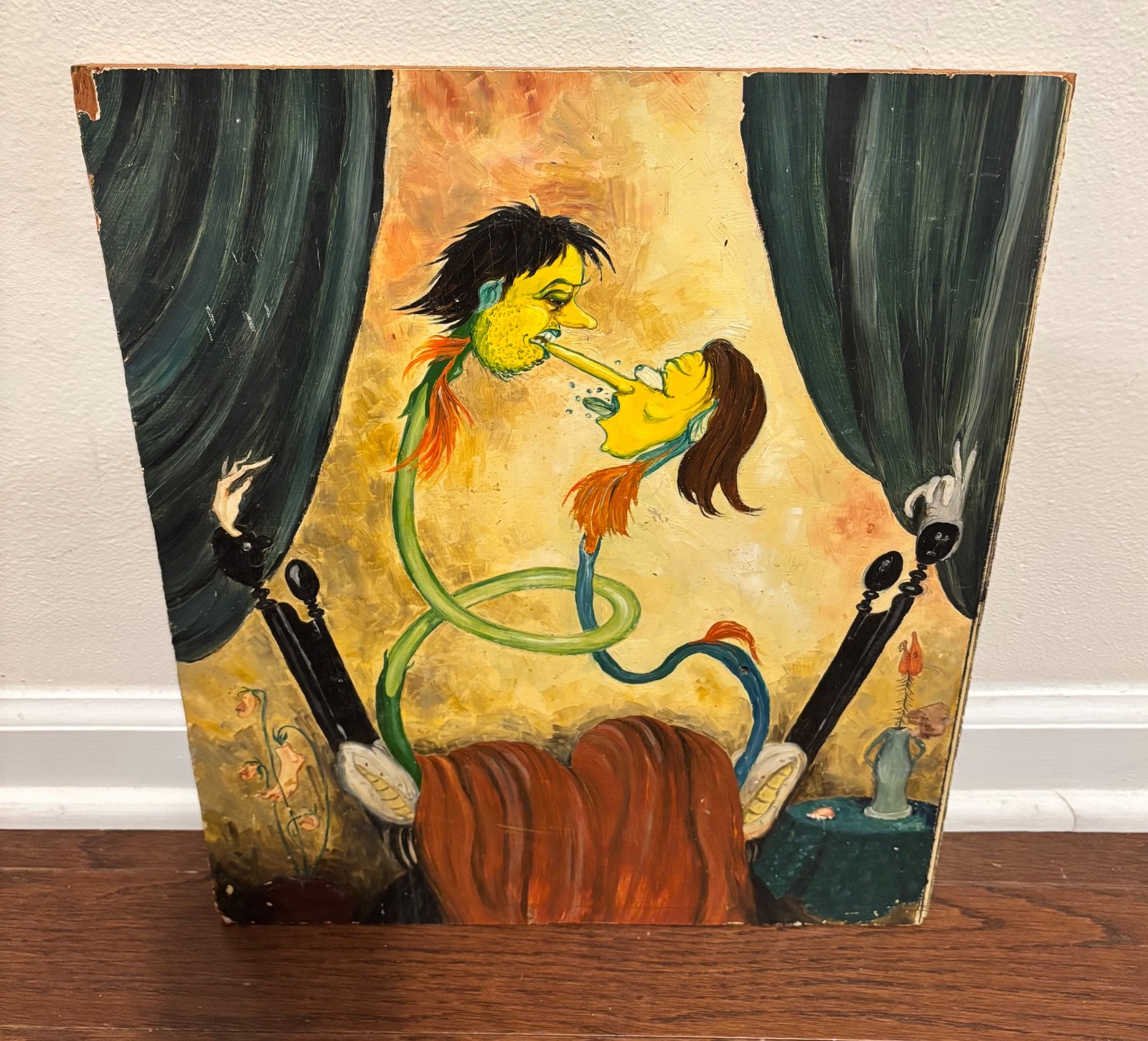 1960s Vtg OUTSIDER ART Man Woman SNAKE Weird Feet Hands Odd Org Painting Antique