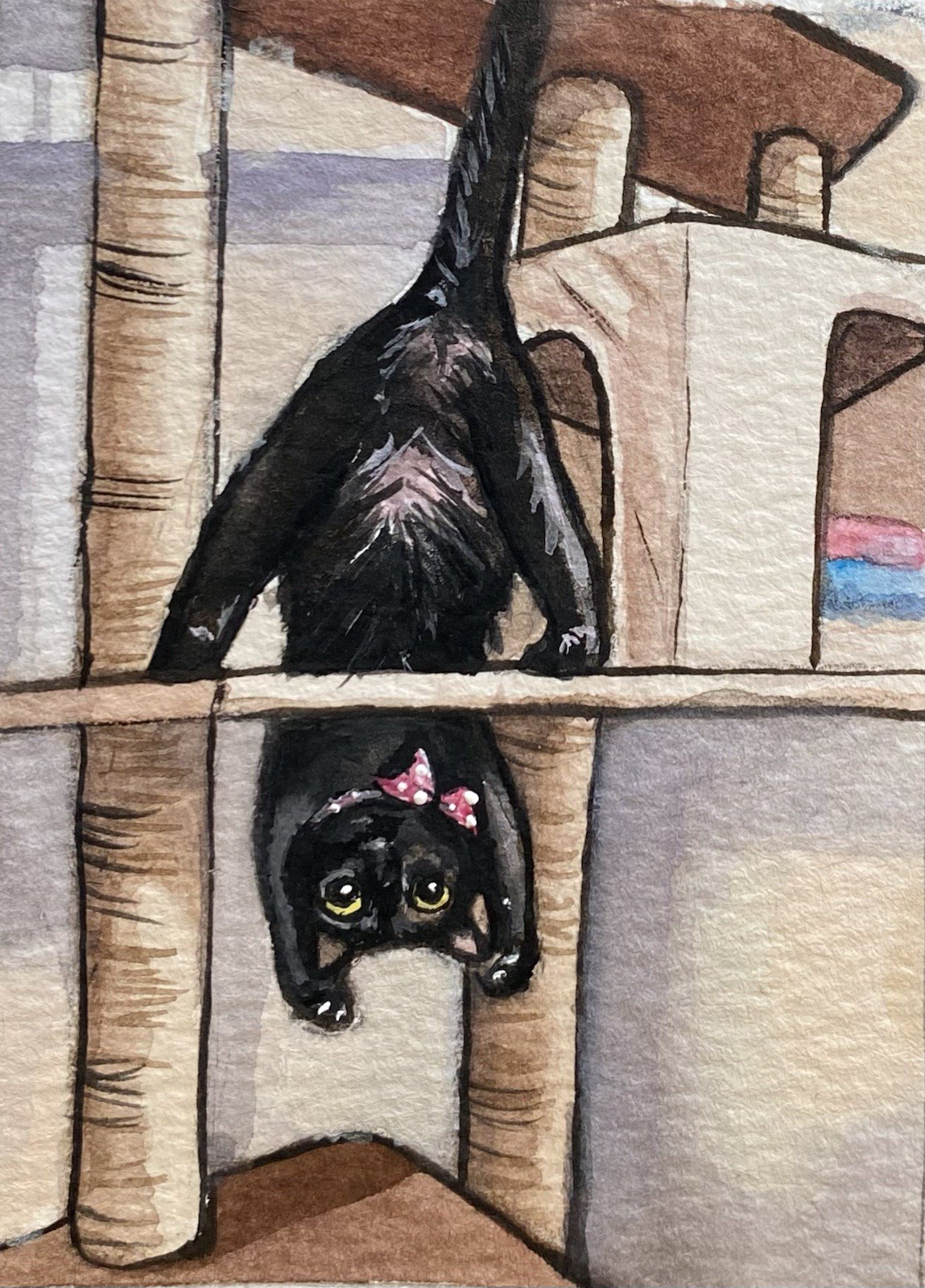 ACEO 100% Hand Painted Original Mixed Media Painting Art Playful Cat