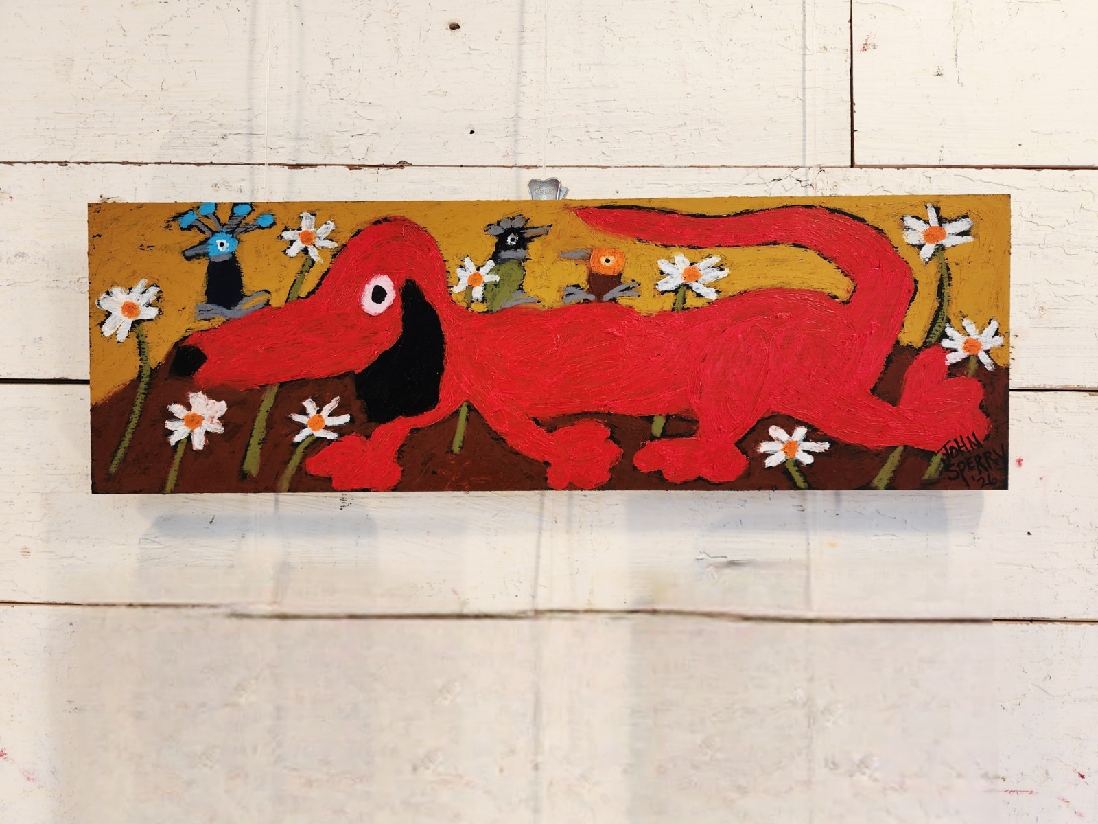 John Sperry Southern Primitive Folk Art Painting Bird Dog w/ Fleabirds