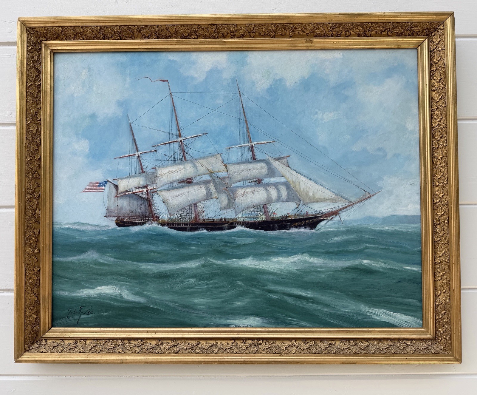 Vintage Robert F. Lie United States Sailing Clipper Ship at Sea Oil Painting