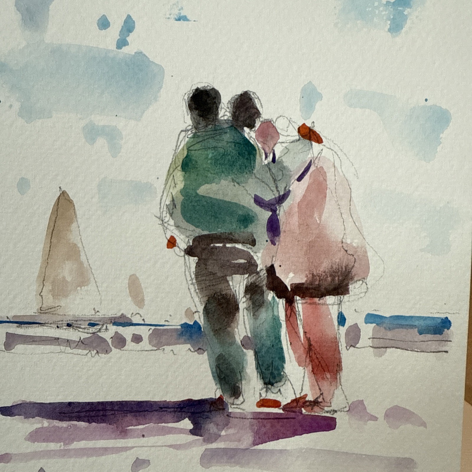 Jose Trujillo Quiet Walk Original Watercolor, Rare Collectible, Beach Romance