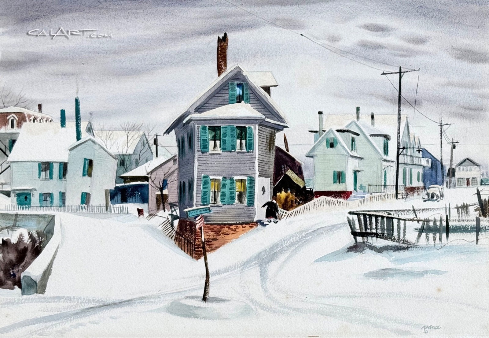 1940s PROVINCETOWN SQUARE WINTER CAPE COD MASS Scene Painting Listed Regionalist