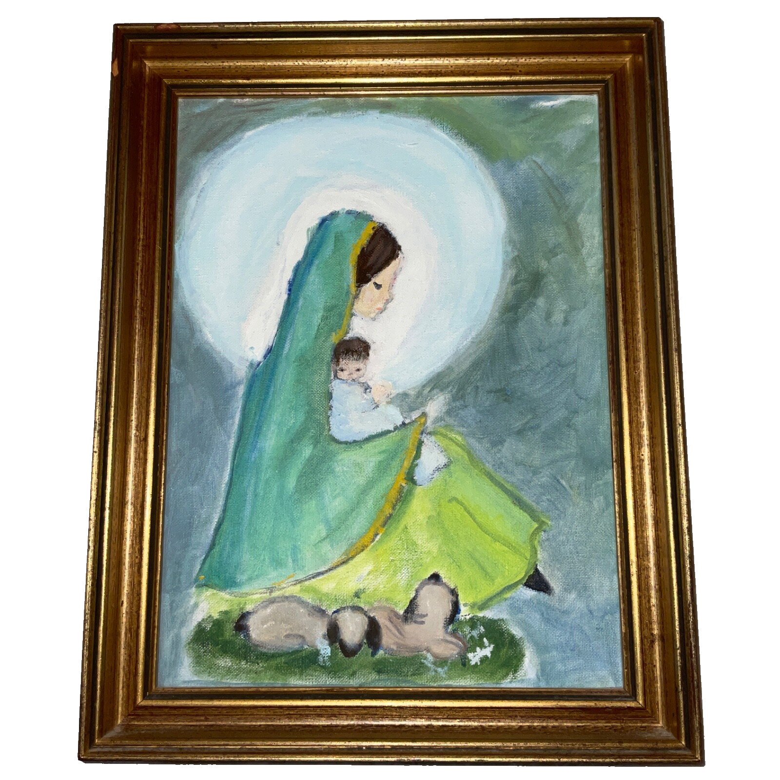 VINTAGE 70s mother Mary woman baby portrait original painting hand painted