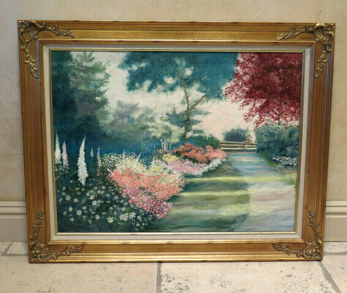 Garden Landscape Oil Painting Child Mother ART Peace Greens Framed Original