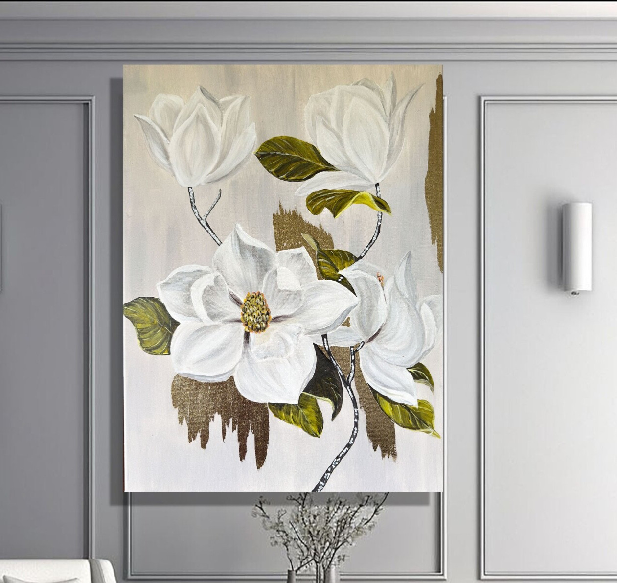 Living Room Floral Painting, Wall Decoration Flowers Gold Golden Painting Wall Decor