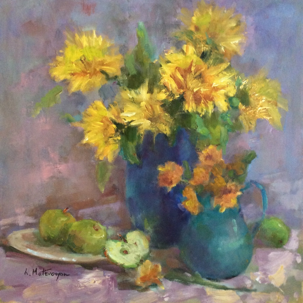 Original Impressionism Oil Art 18″x18″ Green Apples Floral Still Life Signed