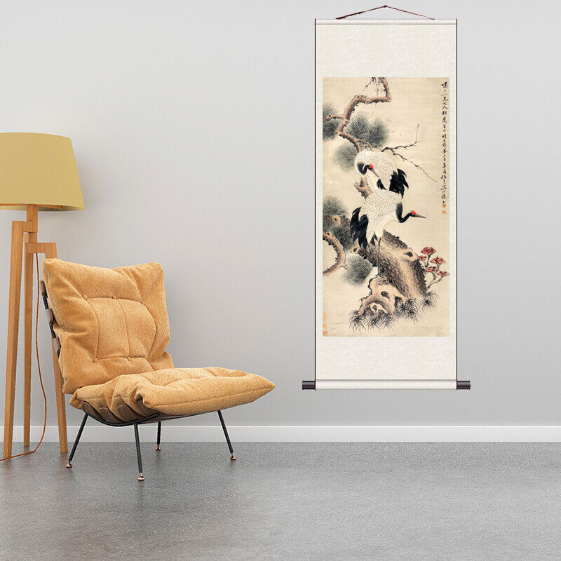 1PC Asian Silk Scroll Painting Crane Feng Shui Wall Hanging Artwork Framed