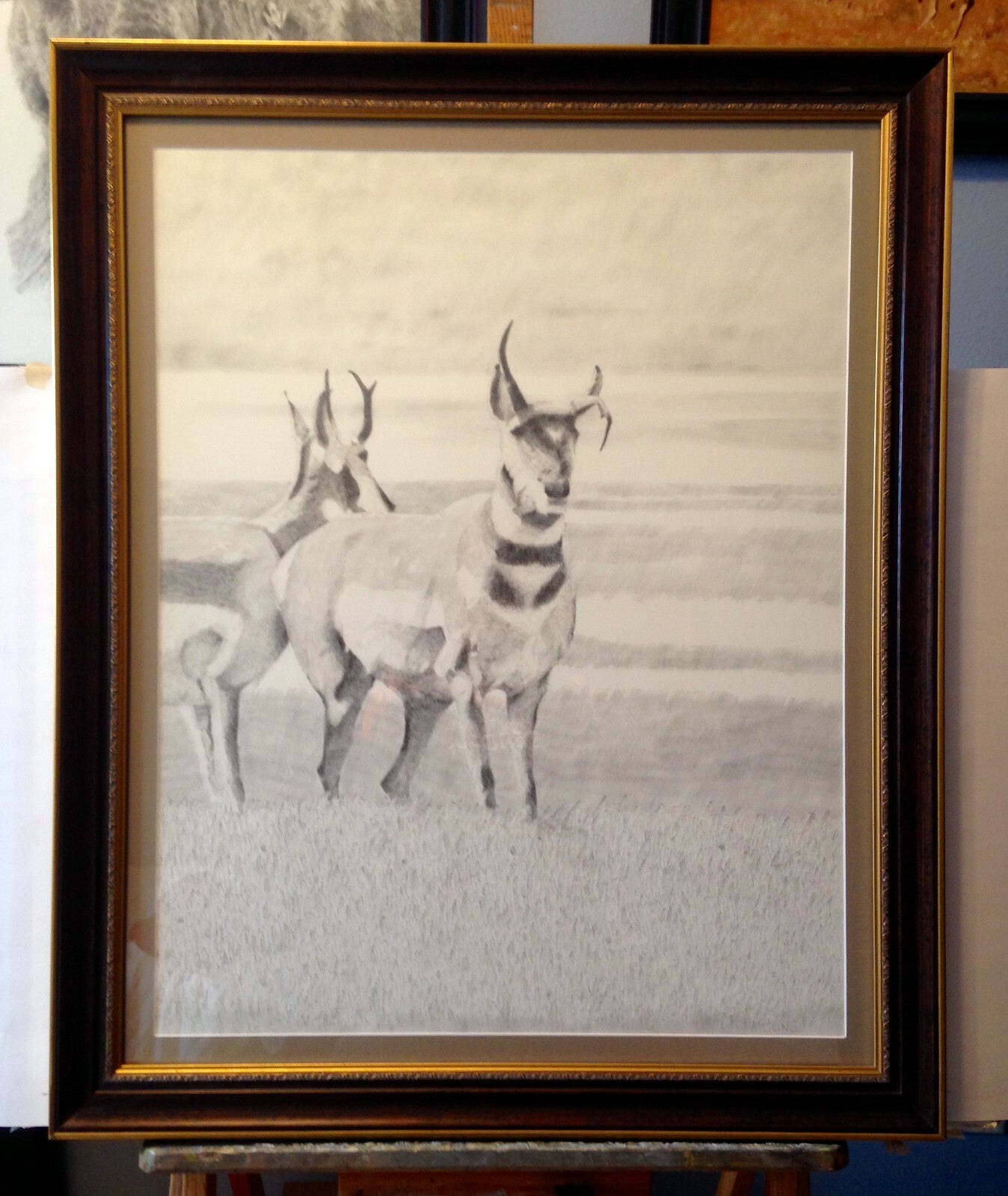 Original Signed Artwork Framed 22″X28″ Graphite Pencil Pronghorns Elk Refuge