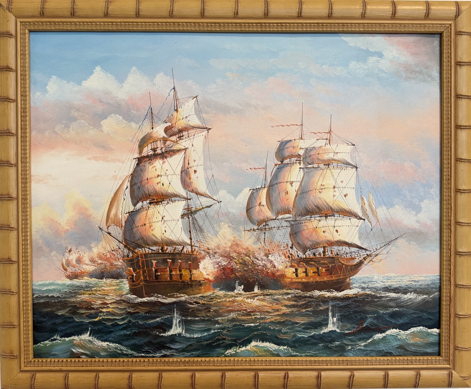 Original Marine Naval Battle Oil Painting Sailing Ships Seascape Framed, Signed