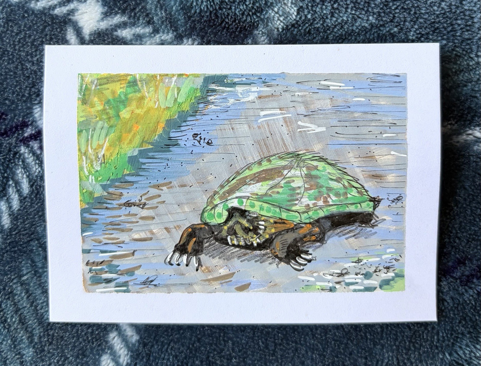 ACEO Original Abstract Turtle Animal Nature Landscape Park Markers Mini Art Bugs