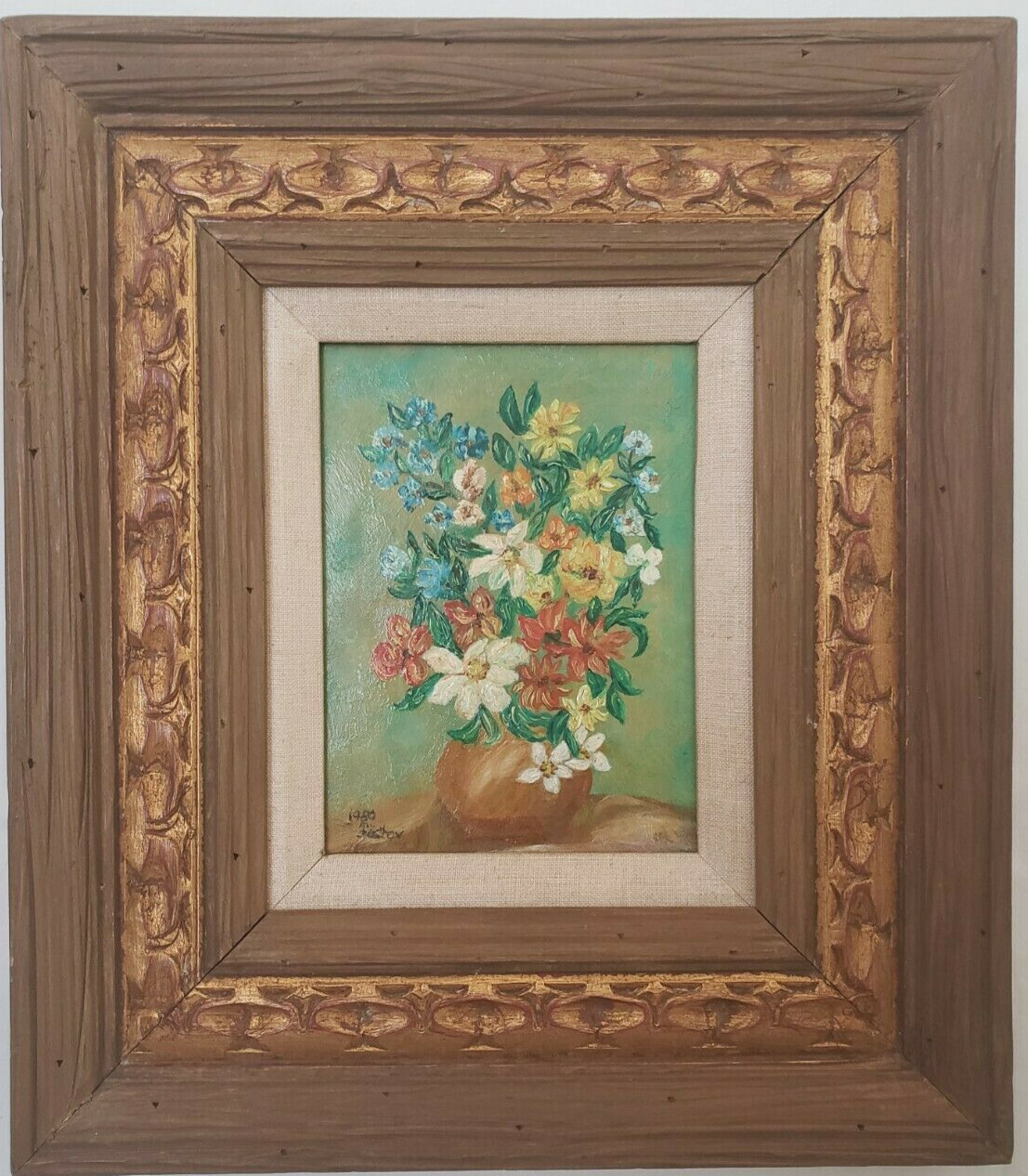 Oil Painting Cut Flowers in Wood Hand Carved Gilded Frame Size 14X16 inches