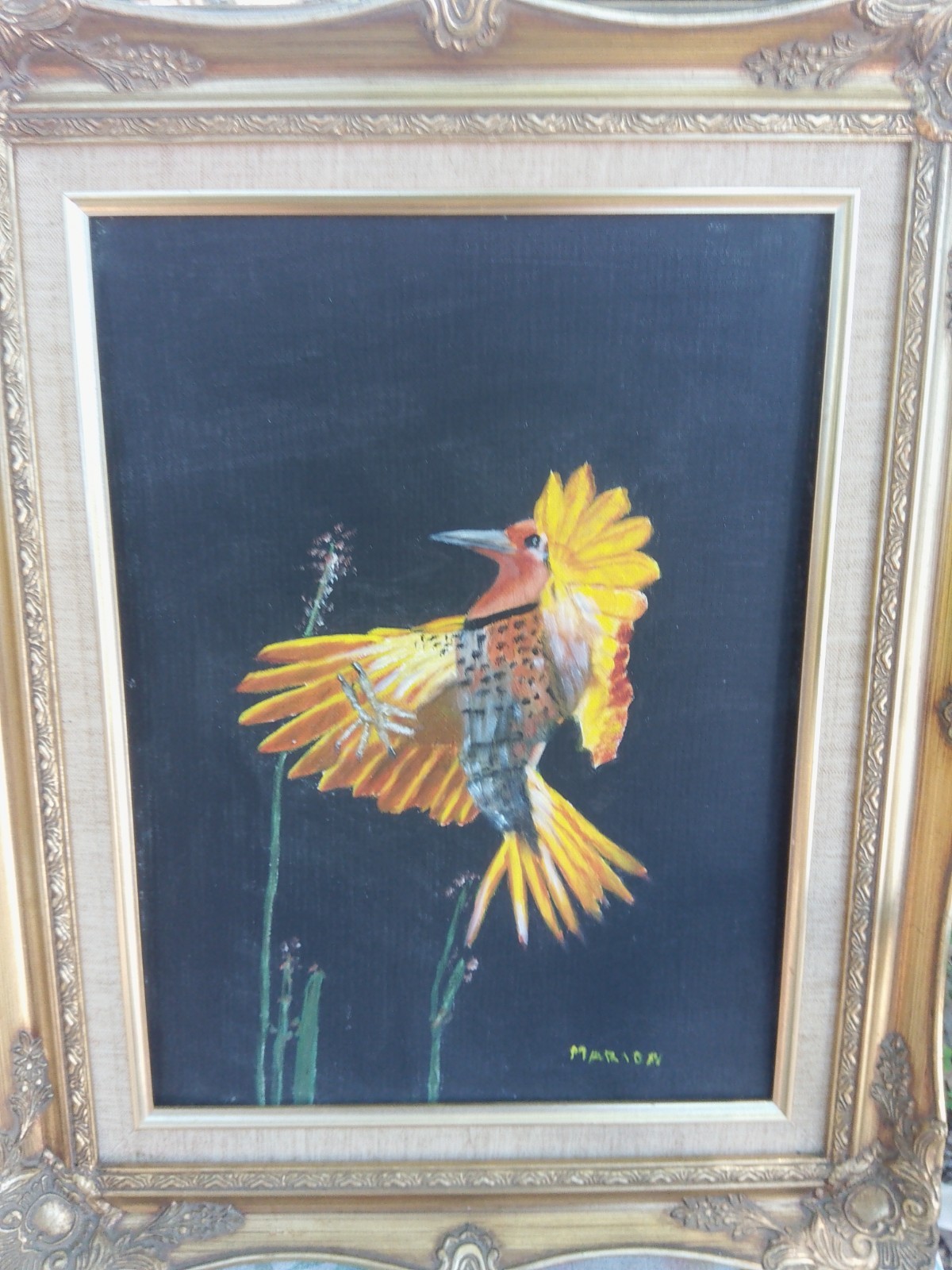 Vintage Oil Painting Bird Framed Signed 17 1/2 IN W X 21 1/2 L