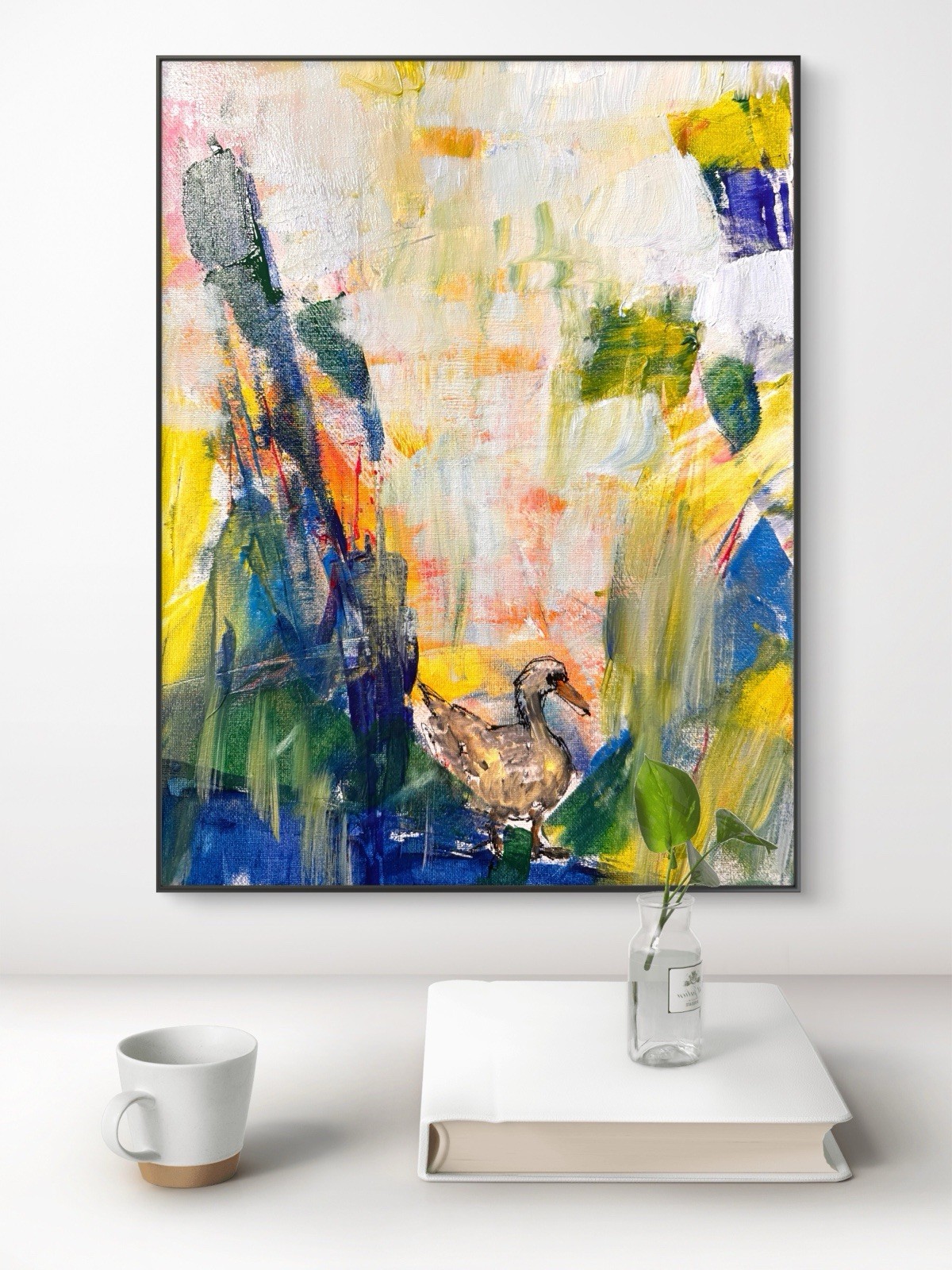 Original Abstract Expressionism 12×16 Duck Pond Handmade Signed Bright Art 481