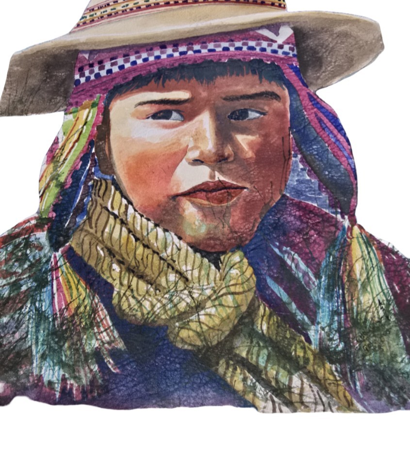 Peruvian Folk Art Watercolor Painting Child Portrait Vintage Ethnic Art
