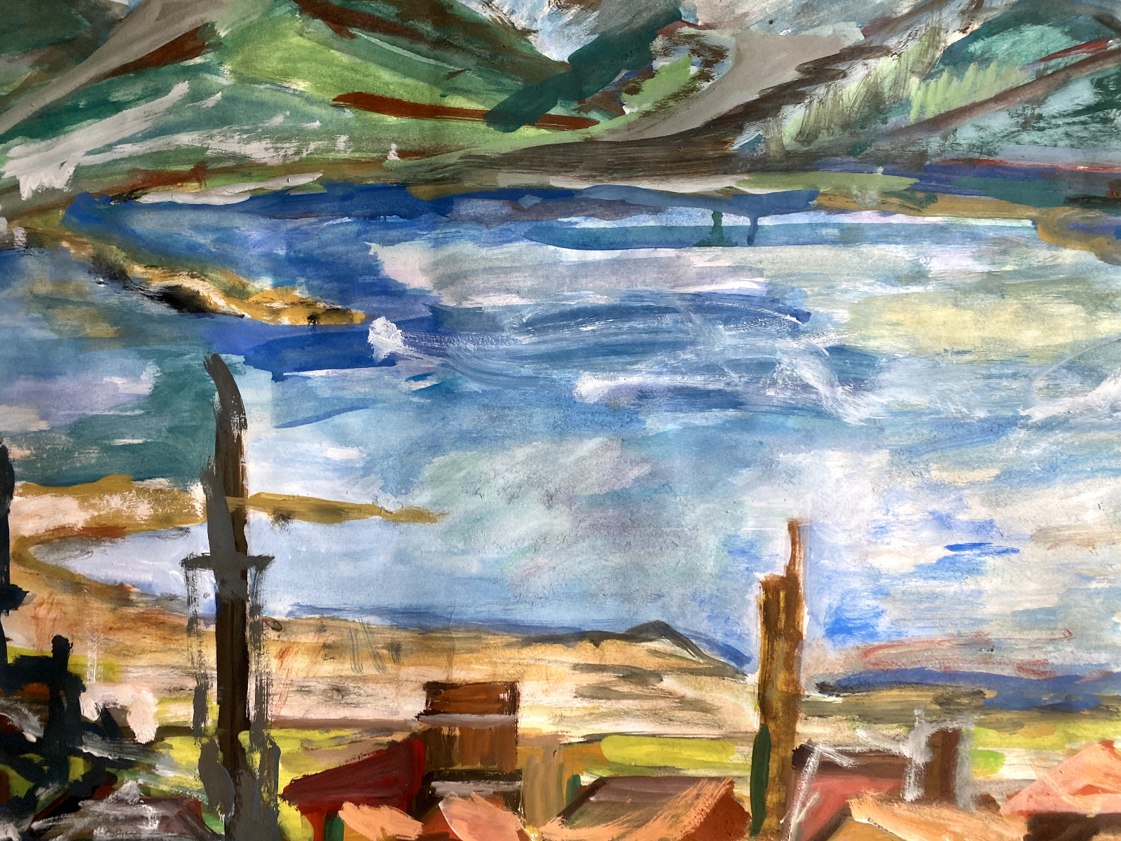 ::SEASIDE TOWN COAST °MOUNTAIN EXPRESSIONIST WATERS °INDISTINCTLY SIGNED
