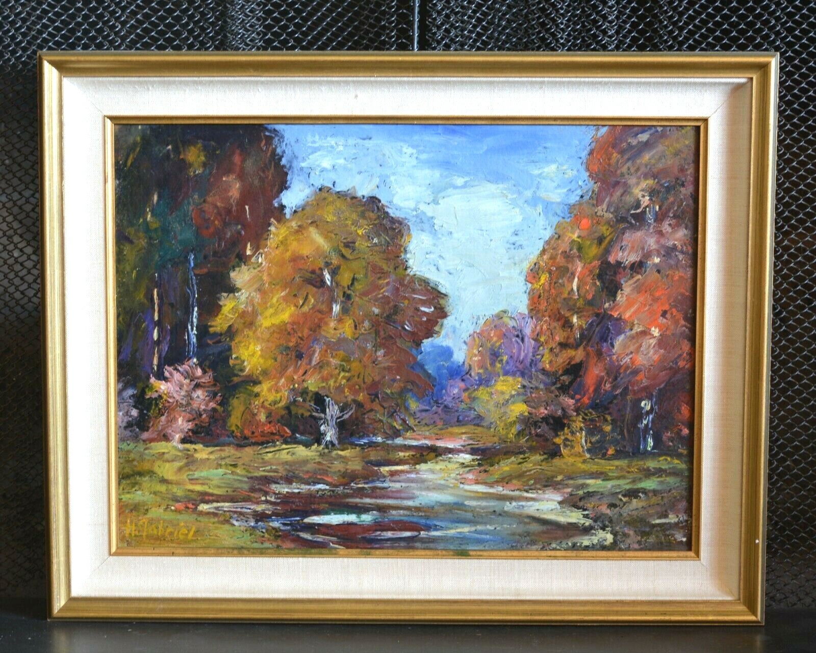 Original Impressionist Landscape Painting – Creek Woods in Autumn – H. Gabriel