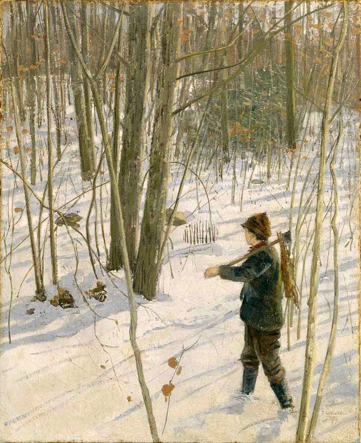 Ｏｉｌ　ｐａｉｎｔｉｎｇ julian alden weir – The Rabbit Hunter figure in winter landscape ##