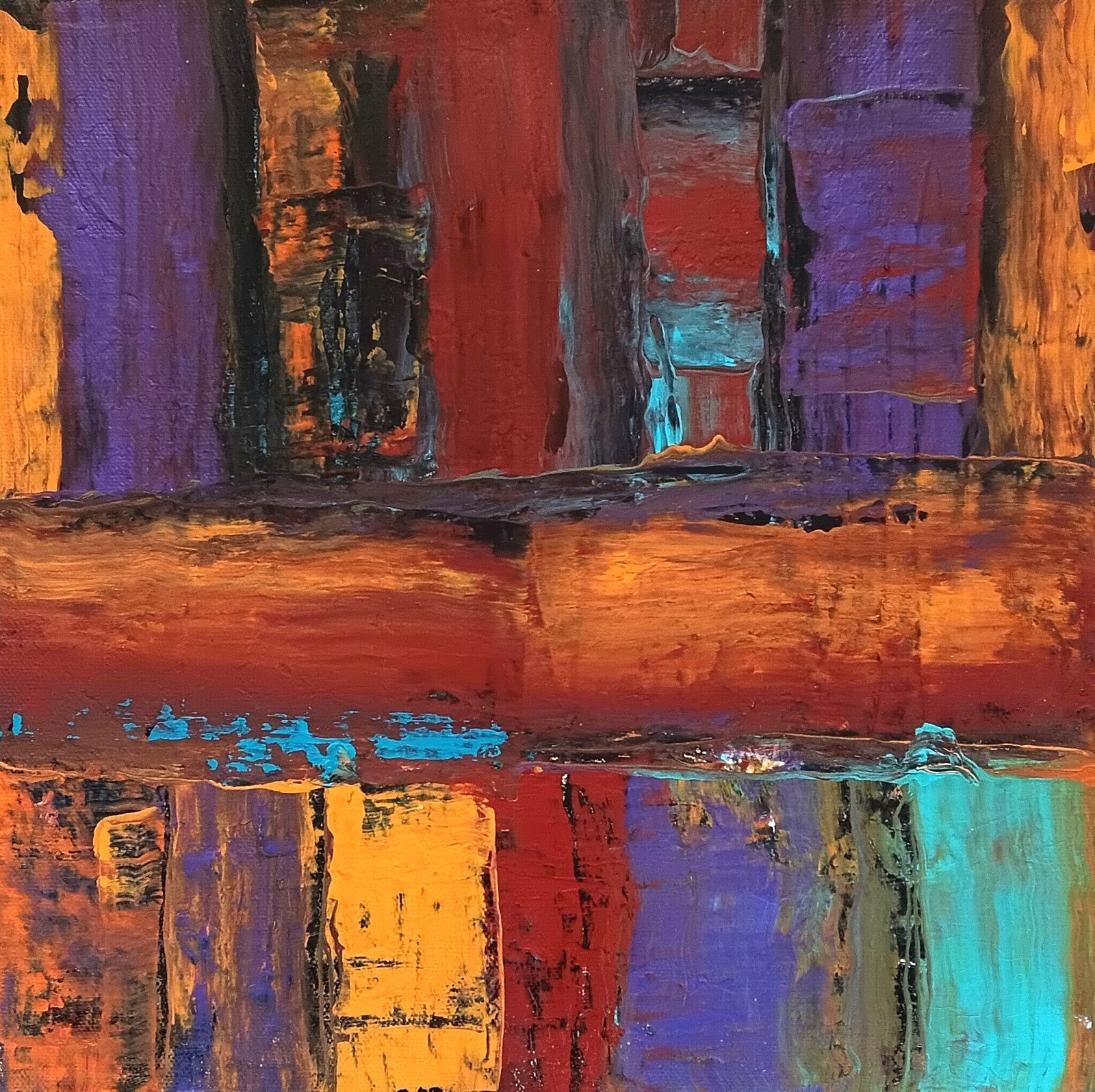 Small abstract acrylic original black turquoise blue purple red ochre «Abiquiu»
