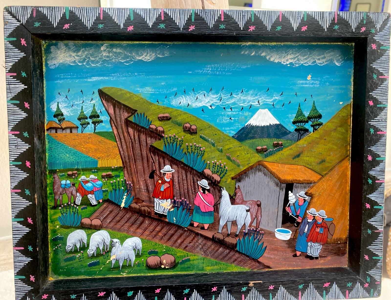 Folk Art Painting on Leather Tigua Ecuador Alpaca LLama etc. Unsigned READ!