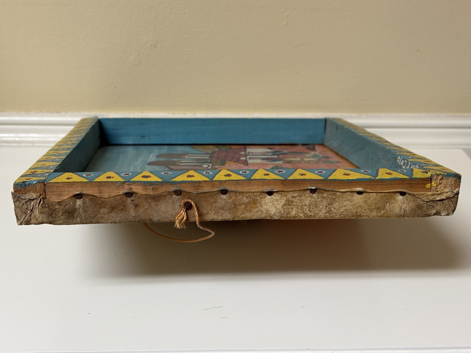 Vtg Hand Painted Peruvian Folk Art On Animal Hide Signed & Framed Original