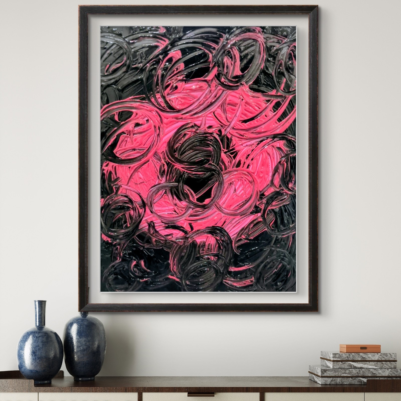 Trey Coppland, Circle of Life Abstract Painting, Pink & Black, 24+30 inch,2026