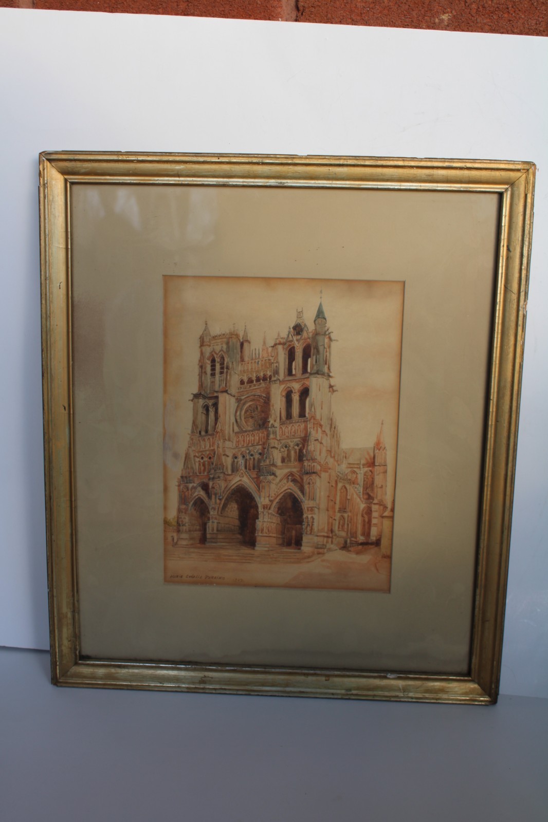 Antique 1907 Amiens Cathedral Watercolor Painting, France, Marie Eulalie Perkins