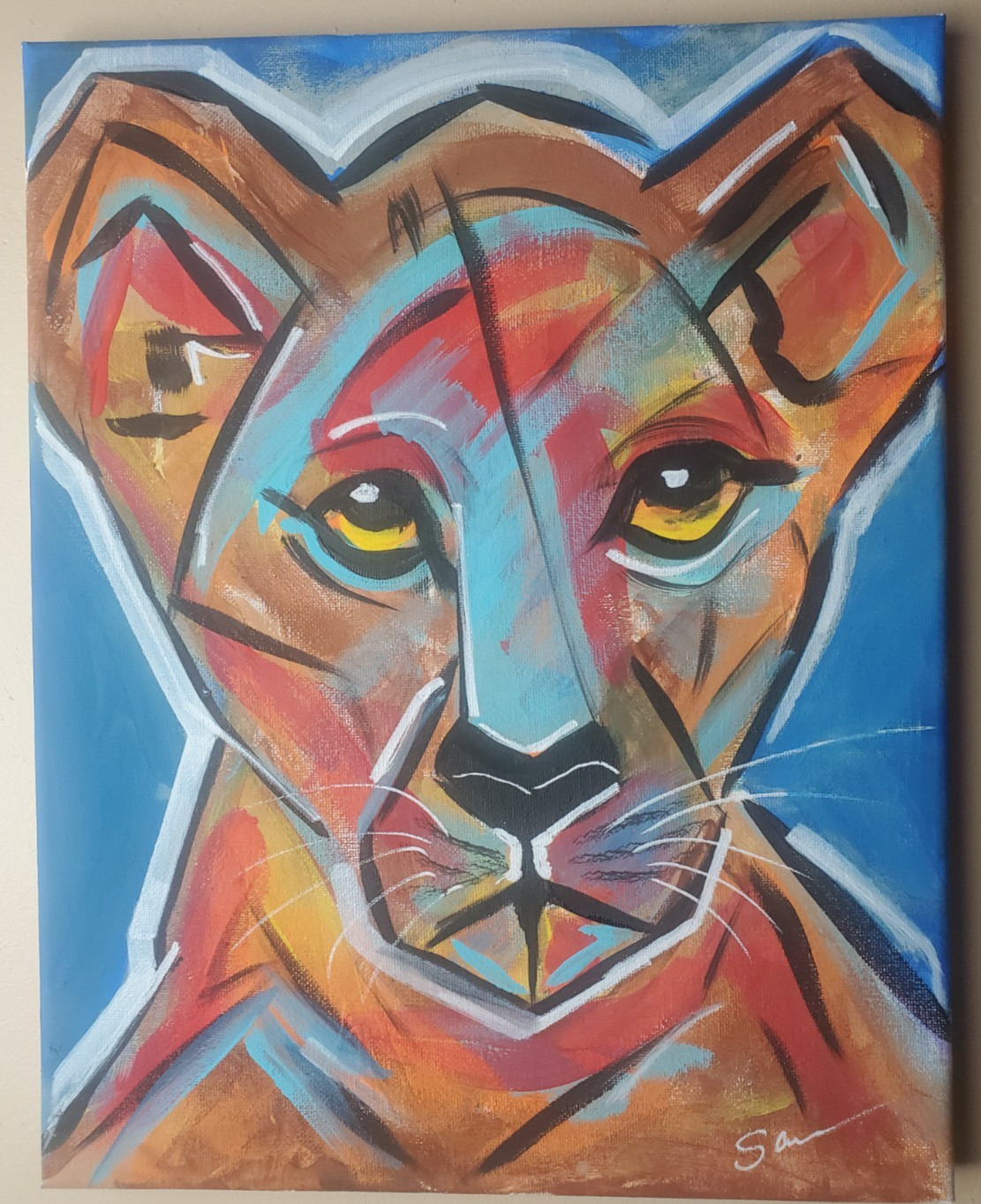 Original Lioness Acrylic Painting 11×14 Cubist Abstract Animal Wall Art