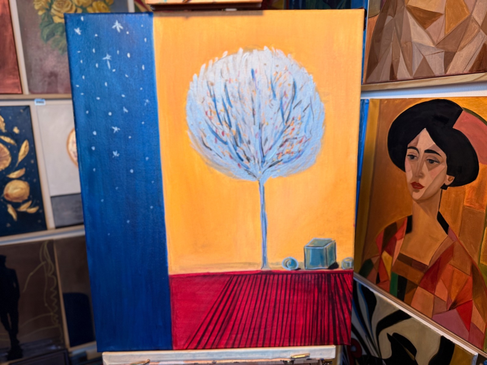 Original Oil Painting 16×20 – Symbolic Tree Landscape, Night & Day Contemporary