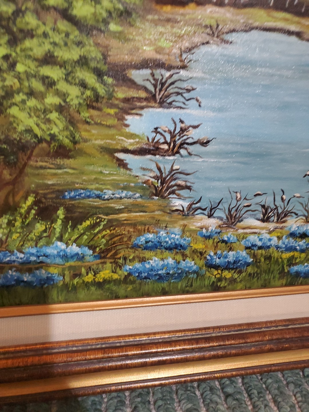 Original oil painting Vibrant!!! Blue Flowers Pond Forest Landscape SIGNED