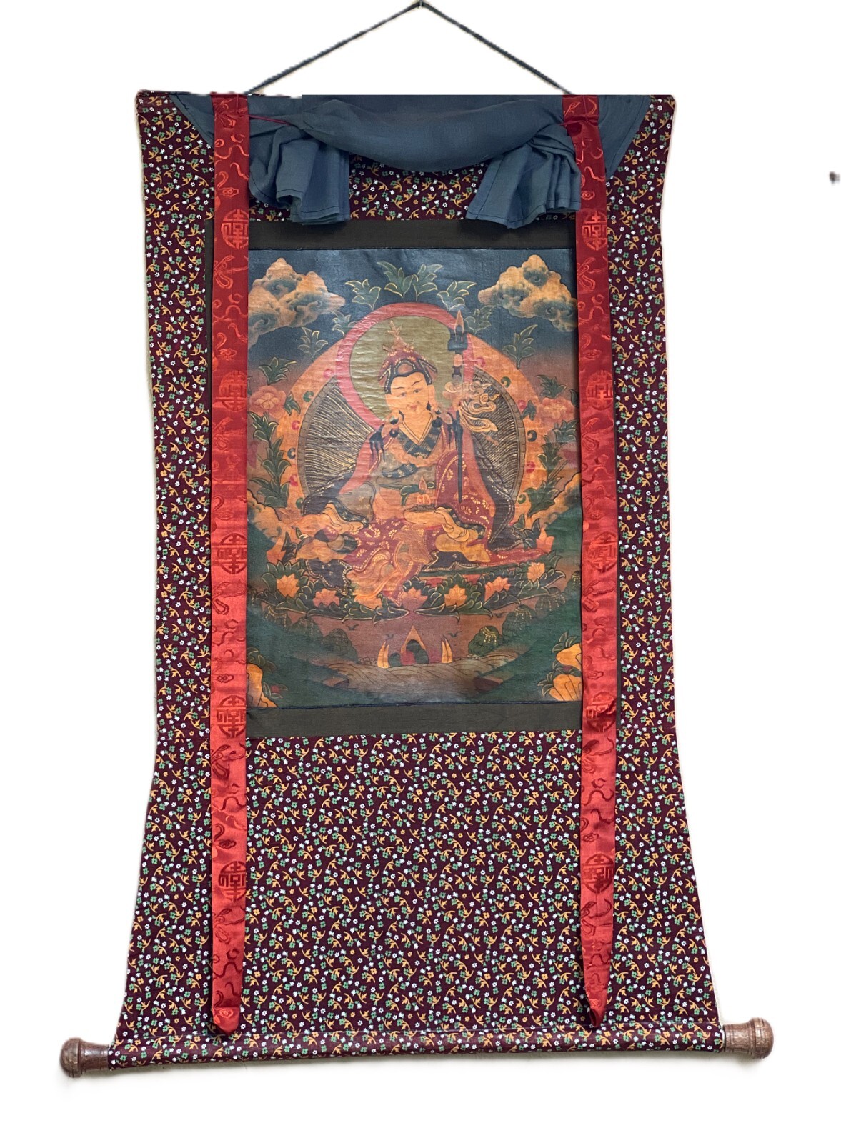 GURU PADMASAMBHAVA OIL VARNISHED TIBETAN THANGKA PAINTING WITH COTTON BROCADE