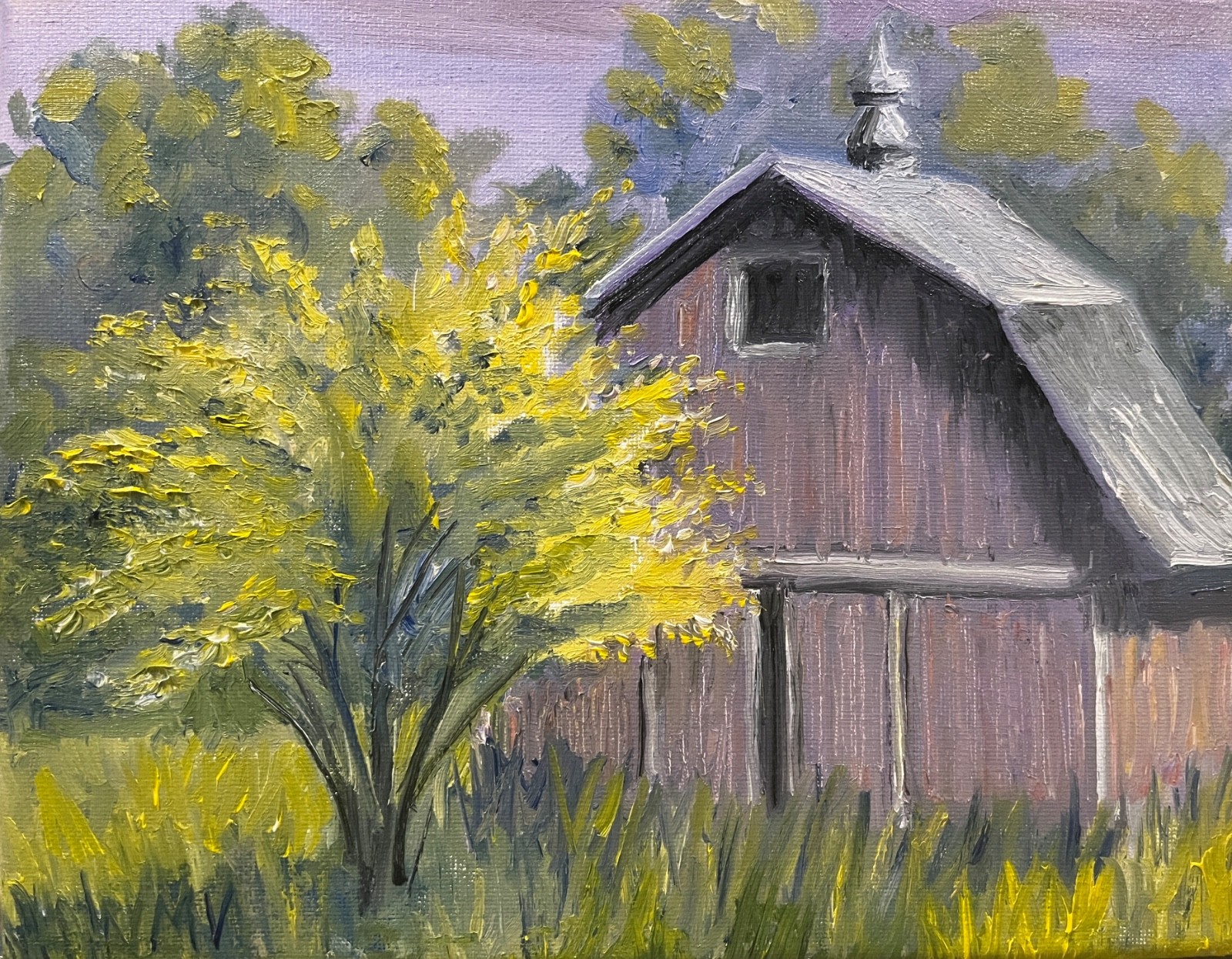 SPRING FOLIAGE OrigInal Oil Landscape Painting 10×8 BARN FARM TREE Wall Art
