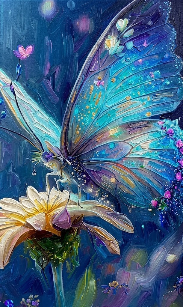 new hand made Painting on 14″*24″ canvas Blue Butterfly on White Flower by Wendy