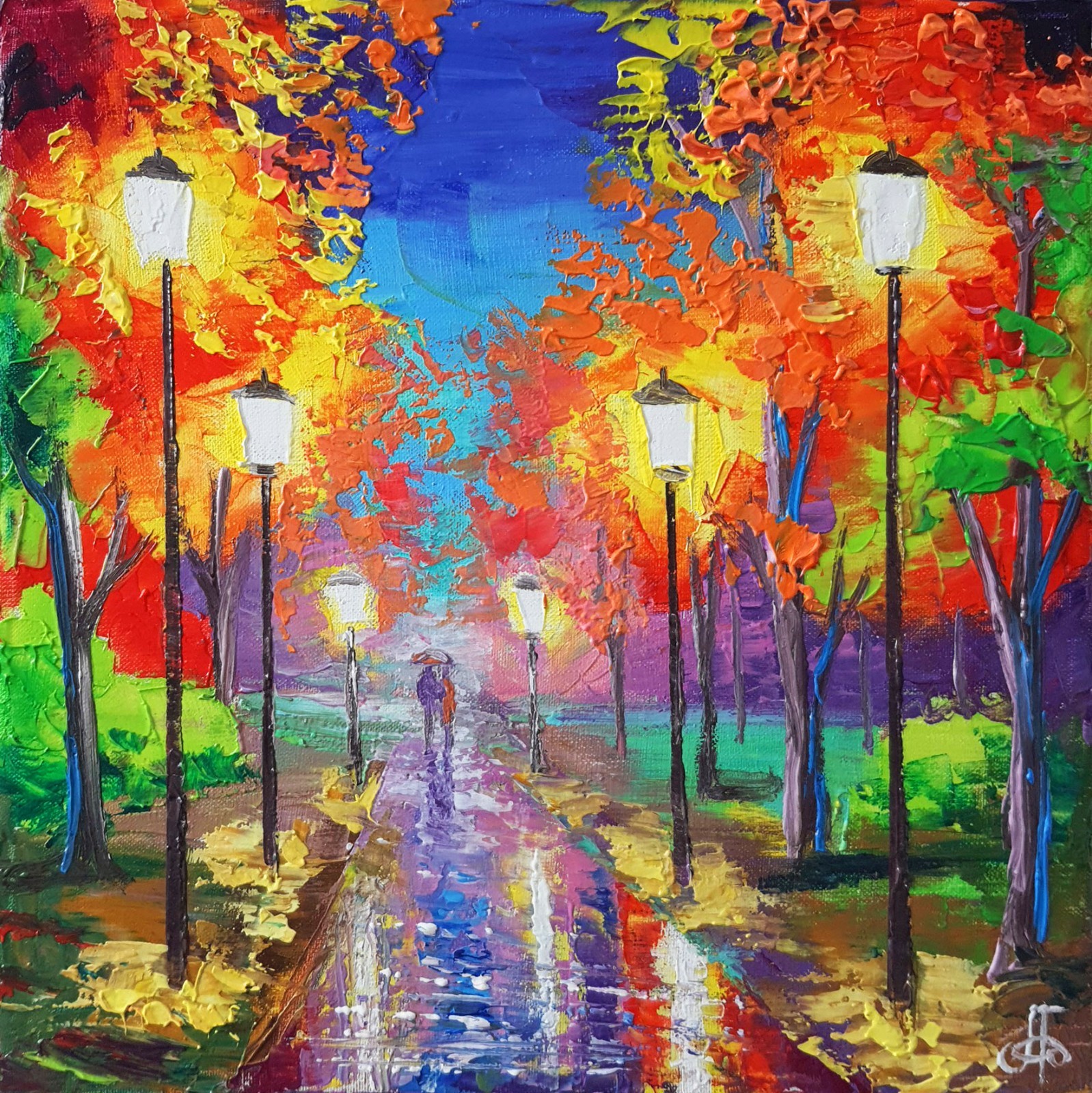 Impressionist Oil Painting Autumn Park Lights Rain Couple Reflections Gift Decor