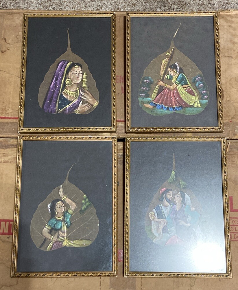 Vintage Indian Peepal Leaf Painting Framed Hand Painted People Lot Of 4