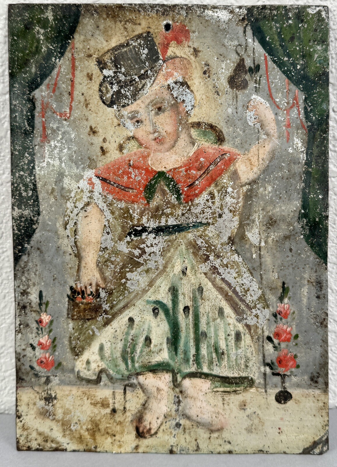Antique Oil Painting Retablo Santo Atocha Christ Child Mexican 19th Century #4