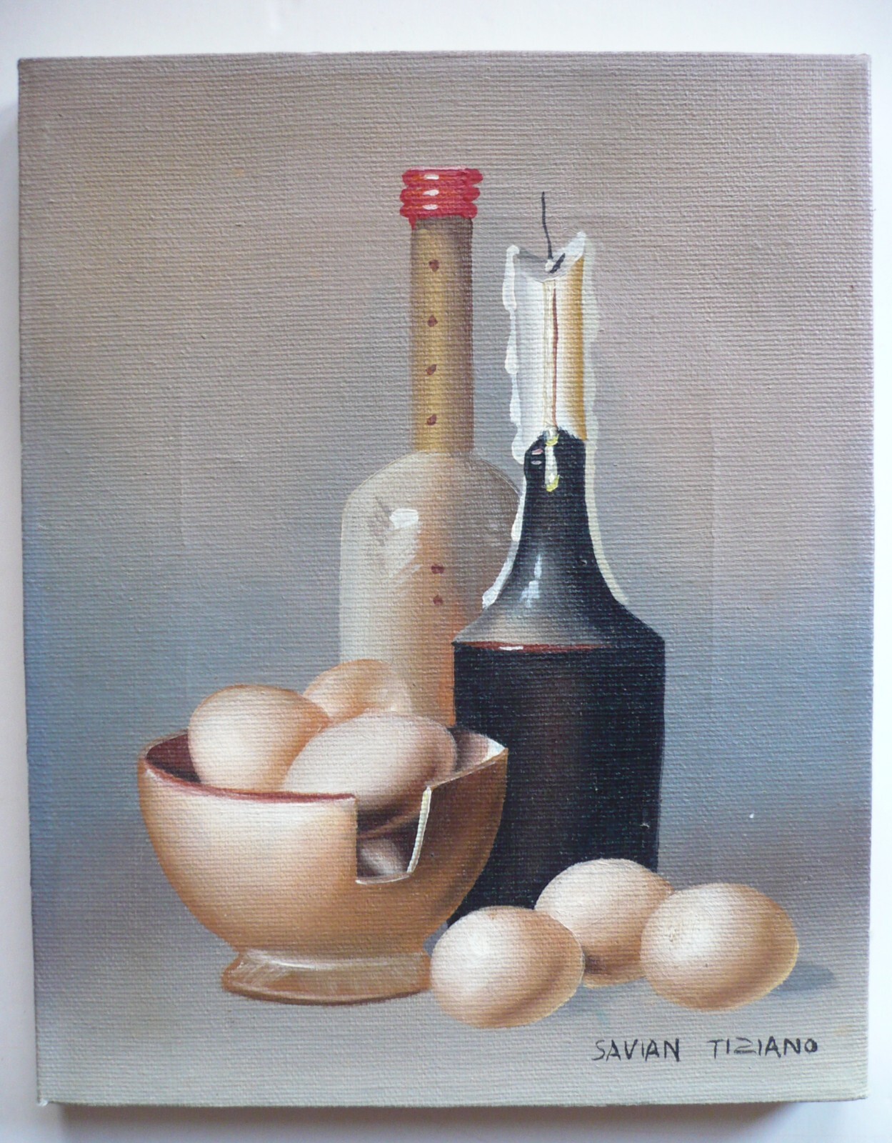 SAVIAN TIZIANO, COLLECTIBLE ITALIAN ART VINTAGE OIL WINE EGGS TROMPE L’OEIL
