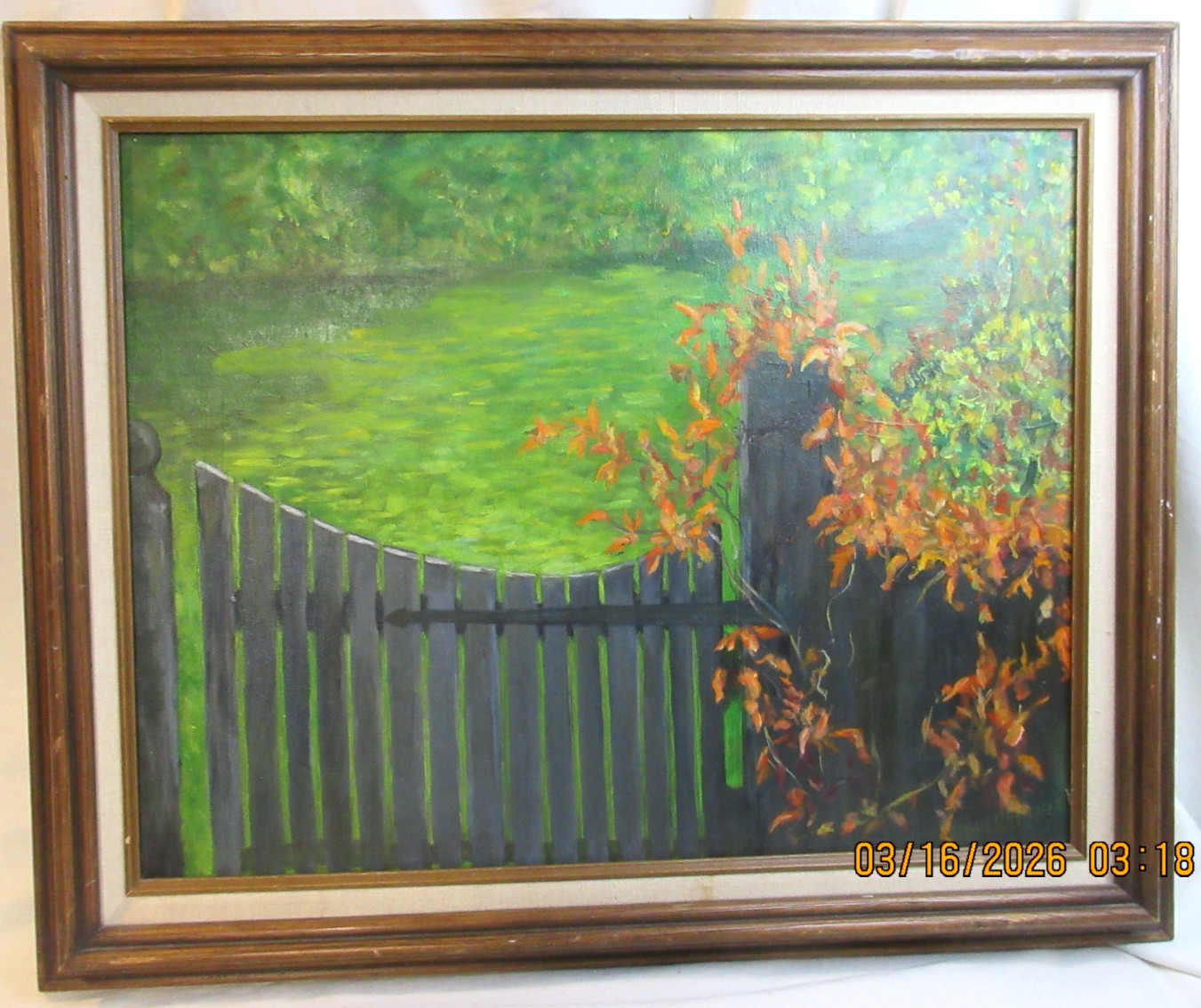 MID CENTURY MODERN~FRAMED~OIL ON CANVAS~STILL LIFE~REALISM~LANDSCAPE~GARDEN GATE