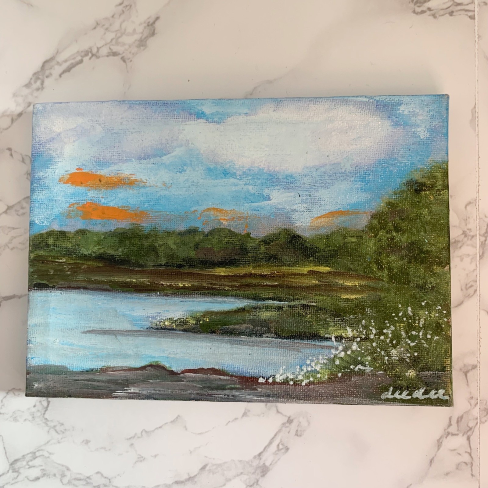 Hand Painted Landscape Painting Canvas Art Signed Dee Dee Blue Green 6.75 x 5