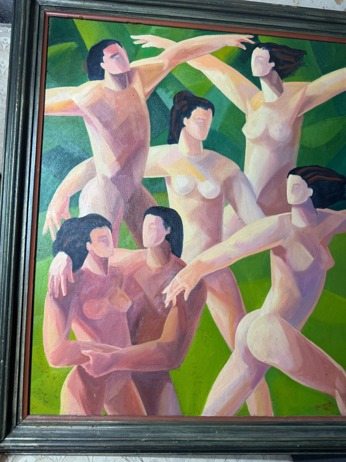 Large Young 1996 «Study of Nude Figures Scene» Oil Painting – Signed And Framed