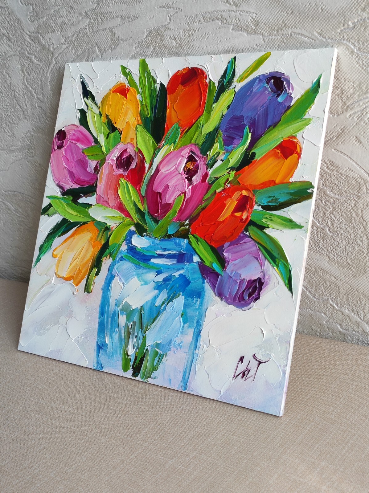 original oil painting Tulips Colorful Flowers Vase Impasto Floral Artwork 8*8 in