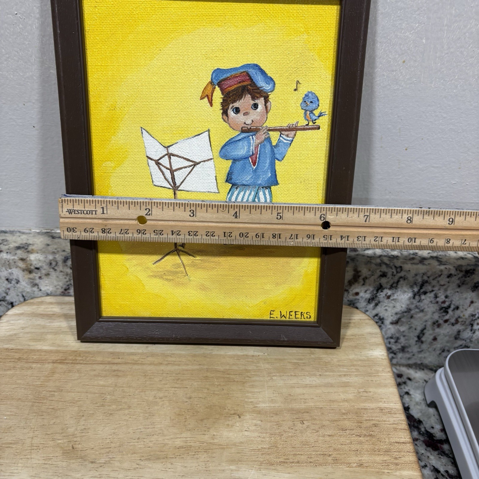 Framed Canvas Painting Small Signed E Weeks Boy Playing Flute 8.5” X 6.5”