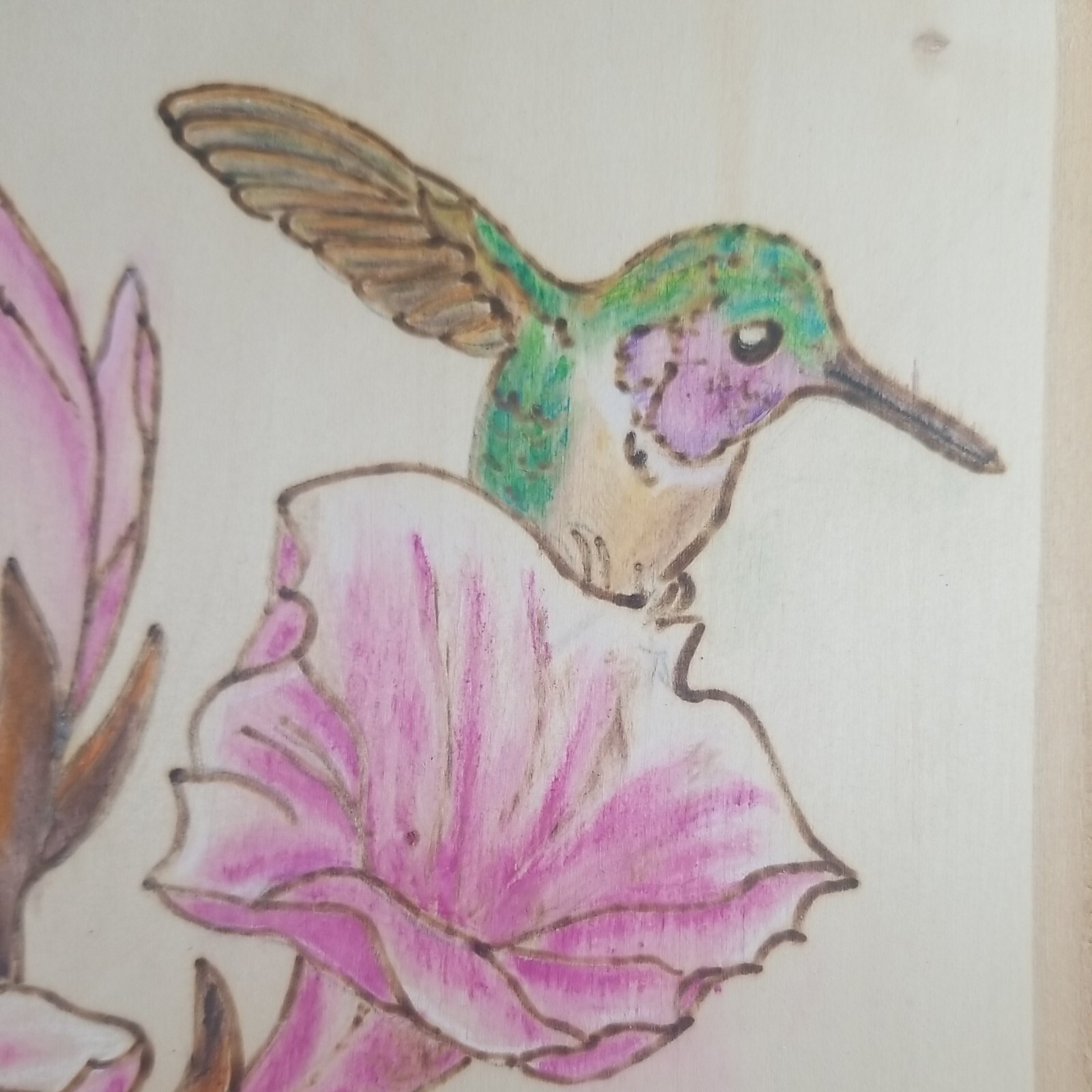 Hummingbirds w/ Pink Flowers on Wood Plank Wood Burning Folk Signed Joi 12″x10″